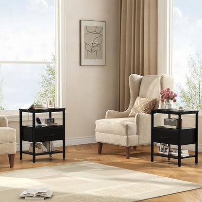 DUMOS Night Stand Set 2 with Charging Station, End Table with Fabric Drawer