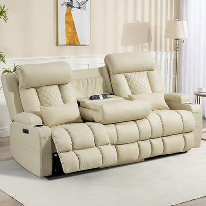 Zero Wall Hugger Power Reclining Sofa with Adjustable Headrest, Electric Reclining Couch with Drop-Down Table,Outlets, Power Loveseat Recliner Sofa for Living Room (PU Beige, 3 Seat)