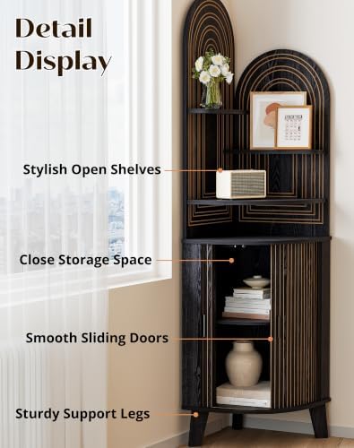 Small Corner Cabinet with Sliding Door and Storage, Tall Corner Bathroom Cabinet for Kitchen, Living Room, Corner Shelf Display Storage Cabinet, Black