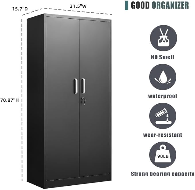 Approgreent Metal Storage Cabinet with Adjustable Shelves, Garage Cabinet with 2 Lockable Doors, Garage Storage Cabinet, Kitchen Pantry Cabinet - 71'H, Black
