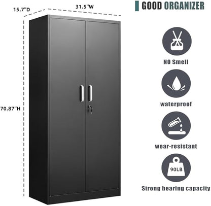 Approgreent Metal Storage Cabinet with Adjustable Shelves, Garage Cabinet with 2 Lockable Doors, Garage Storage Cabinet, Kitchen Pantry Cabinet - 71'H, Black