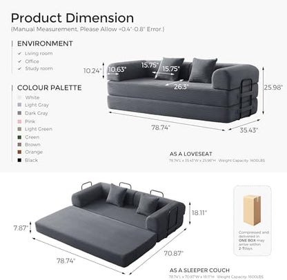 79" Convertible Futon Sofa Bed, Boneless Couch for Living Room | Dark Gray