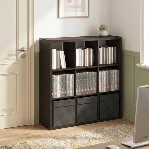 9-Cube Bookshelf, Cubicle Shelf Bookcase with Open Back, Position Reversible Book Shelf, 15 x 44 x 44, for Home Office, Living Room, Dark Oak