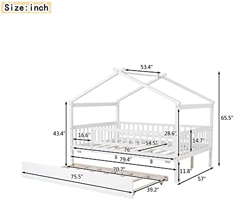 Merax Full Size Wooden House Bed with Twin Size Trundle, Wood Bed Frame with Roof and Safety Guardrail for Kids, Teens, Boys or Girls, White