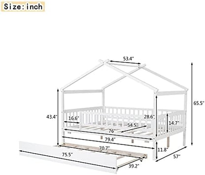 Merax Full Size Wooden House Bed with Twin Size Trundle, Wood Bed Frame with Roof and Safety Guardrail for Kids, Teens, Boys or Girls, White