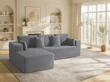 108" Cloud Sectional Boneless Couches for Living Room,L-Shaped Modular Corduroy Sofa with Left Facing Chaise,Oversized Deep Seat Memory Foam Couch,Side Pockets,No Assembly,Light Gray