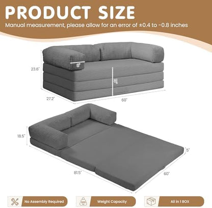 Convertible Sofa Bed,5-in-1 Tri-Fold Boneless Couch with Removable Armrests & Handle,Corduroy Futon Sleeper Sofa,Floor Folding Mattress Pull Out Bed for Small Space Apartment Living Room Bedroom