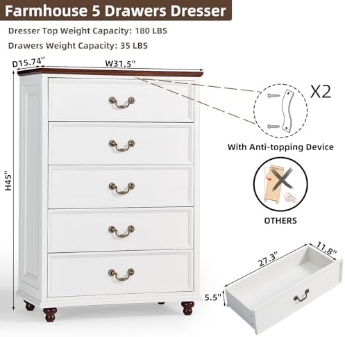 Joaxswe Farmhouse 5 Drawer Dresser for Bedroom, 45" Tall Rustic Chests of Drawers w/ 4 Solid Wood Feet, Mid Century Modern Wooden Closet Storage Dressers Organizer for Living Room, Hallway, White