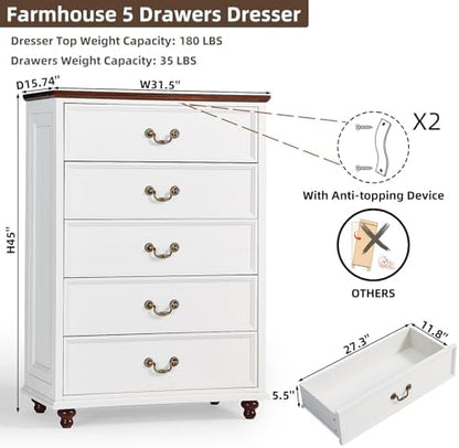 Joaxswe Farmhouse 5 Drawer Dresser for Bedroom, 45" Tall Rustic Chests of Drawers w/ 4 Solid Wood Feet, Mid Century Modern Wooden Closet Storage Dressers Organizer for Living Room, Hallway, White