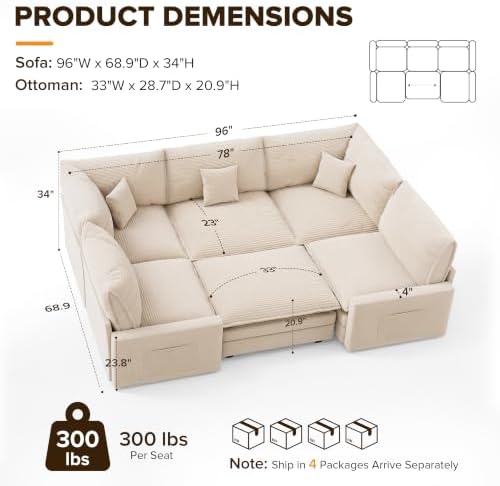 96" Modular Sectional Sofa, Cloud Couch Sectional with 2 Corners & Ottoman