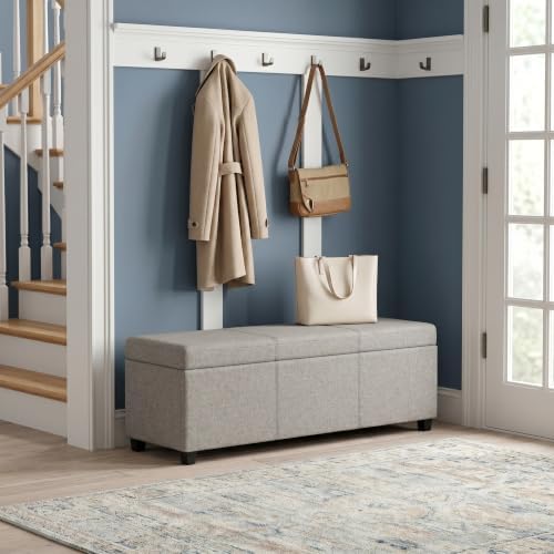 SIMPLIHOME Avalon 48" Wide Linen Look Fabric Storage Ottoman in Cloud Grey