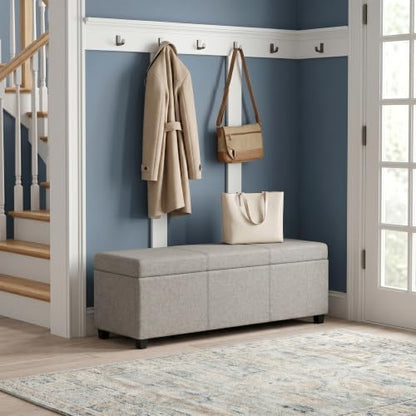 SIMPLIHOME Avalon 48" Wide Linen Look Fabric Storage Ottoman in Cloud Grey