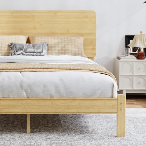 BOSRII 12" Full Size Bamboo Wood Platform Bed Frame with Headboard, Natural