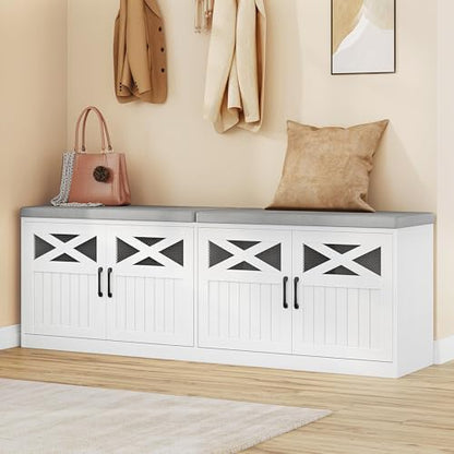 Hzuaneri 59" Shoe Storage Bench with 4 Barn Doors & Padded Seat Cushion