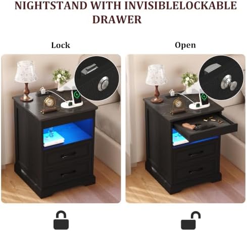 Yusong Farmhouse Night Stand with Gun Drawer & Invisible Lock, 25" Tall LED Bedside Table with Charging Station, End Table with Open Shelf for Bedroom Room (Black)