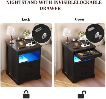 Yusong Farmhouse Night Stand with Gun Drawer & Invisible Lock, 25" Tall LED Bedside Table with Charging Station, End Table with Open Shelf for Bedroom Room (Black)