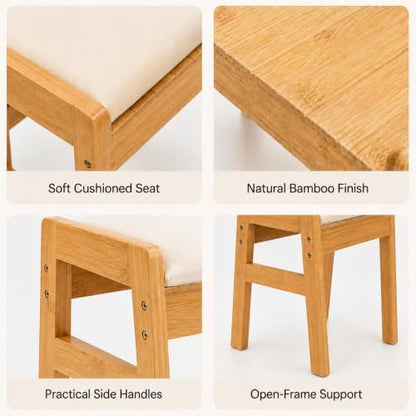 BAMBOOHOMIE Foot Stool Ottoman, Modern Vanity Stool Chair for Makeup with Removable Cushion & Side Handles, Bamboo Ottoman for Living Room Bedroom Office, Small Foot Rest for Couch (Natural - Beige)