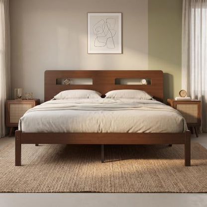 14" Bamboo Wood King Size Bed Frame with Storage Headboard