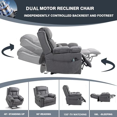Oversized Recliner Chair for Big Man Lay Flat 180°, 28 Inch Extra Wide Power Lift Recliner with Heat Massage, Dual Motor, Flip Arm Storage Cup Holder for Elderly
