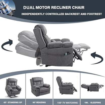 Oversized Recliner Chair for Big Man Lay Flat 180°, 28 Inch Extra Wide Power Lift Recliner with Heat Massage, Dual Motor, Flip Arm Storage Cup Holder for Elderly