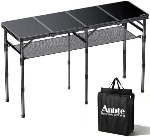 4-Fold Camping Table, 46” X 16” Portable Folding Camping Table, Black