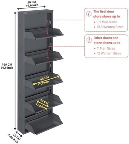 CEHA 5 Tier Metal Shoe Cabinet with Cover, Durable Shoe Storage Organizer for Entryway, Space Saving Shoe Shelf Closet with Side Ventilation Holes, 5.91" x 66.5" x 19.68", Anthracite
