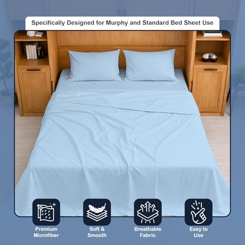 Cottington Lane Sky Blue Sheets for Murphy Bed Mattress, 4 Piece Premium Ultra Soft Brushed Microfiber California King Size Wall Bed Sheet Set, 6-10 Inch Deep Pocket with All-Around Elastic