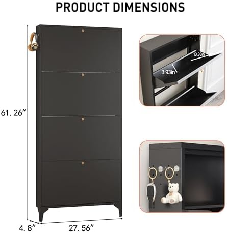 Slim Shoe Cabinet with 4 Flip Drawers,Narrow Shoe Storage Cabinet,Freestanding Organizer,Metal Hidden Shoe Storage for Entryway,Hallway,Living Room (4 Door Width 700, Black)