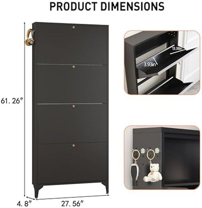 Slim Shoe Cabinet with 4 Flip Drawers,Narrow Shoe Storage Cabinet,Freestanding Organizer,Metal Hidden Shoe Storage for Entryway,Hallway,Living Room (4 Door Width 700, Black)