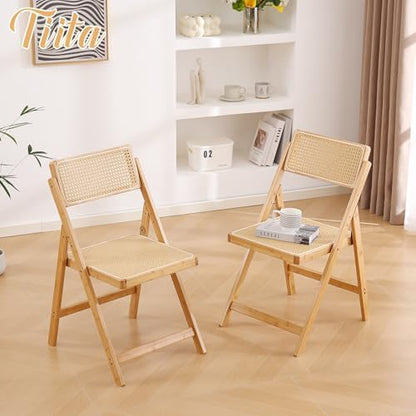 Tiita Rattan Folding Dining Chairs Set of 2, Bamboo Frame, Wood