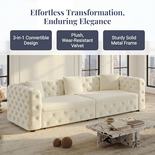 NicBex 89" 4-Seater Queen Size Pull Out Sofa Bed with 3 Pillows, Beige