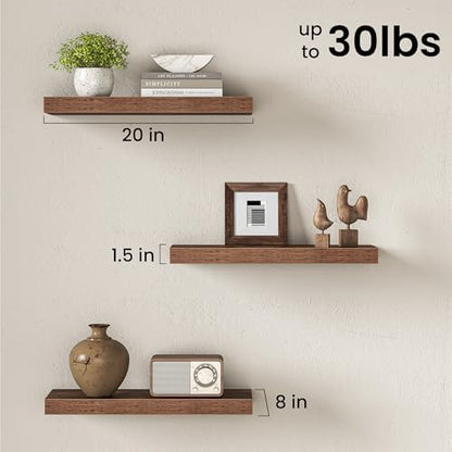 20" Floating Shelves for Wall, Set of 3, 8" Deep, 1.5" Thick, Brown