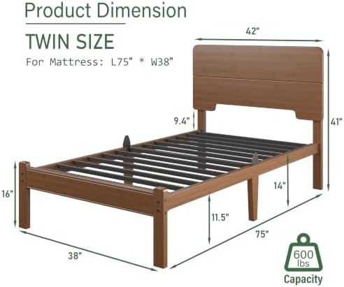 BOSRII 14" Twin Size Bamboo Wood Platform Bed Frame with Headboard, Brown