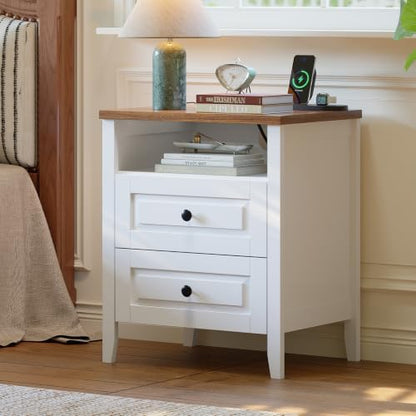 ChooChoo Nightstands Set of 2, with Charging Station, White and Walnut