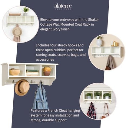 Alaterre Shaker Cottage Wall-Mounted Coat Rack with Cubbies, Ivory, 36”