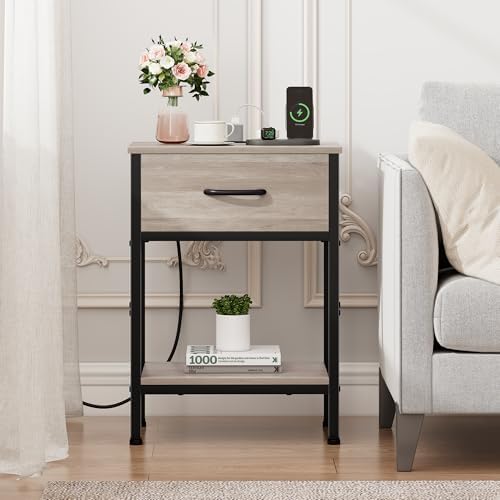 Nightstand with Charging Station, End Table with Fabric Drawer, Small Side Table with 2-Tier Storage Shelves, 25.4" Tall Night Stand, Bedside Table for Bedroom, Living Room, Dorm, Greige