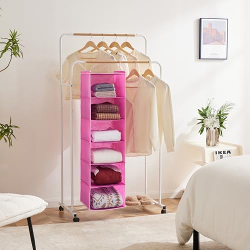 6-Shelf Hanging Closet Organizer with 2 Sturdy Hooks, Pink