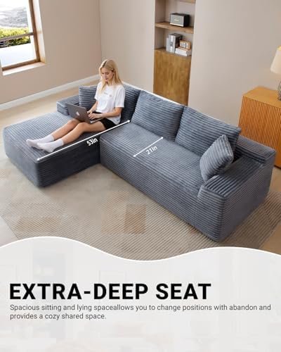 108" Cloud Boneless Couch, L-Shaped Sectional Sofa for Living Room, Grey