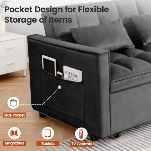 54'' Sleeper Sofa Bed, Convertible Pull Out Couch Futon with Side Pockets, Velvet Loveseat Sofa Bed with Adjustable Backrest, Armrest Pillows for Living Room Dorm Apartment, Black