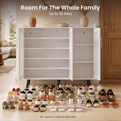 3-Door Shoe Storage Cabinet for Entryway with Rattan Doors, Bright White