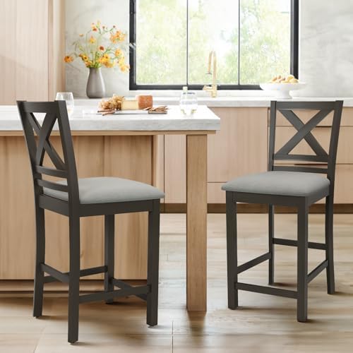 COLAMY Bar Stools Set of 2, Counter Height Bar Stools, Mid Century Modern Barstools with Back, Wood Barstools for Kitchen Dining Room Bar, Dark Grey