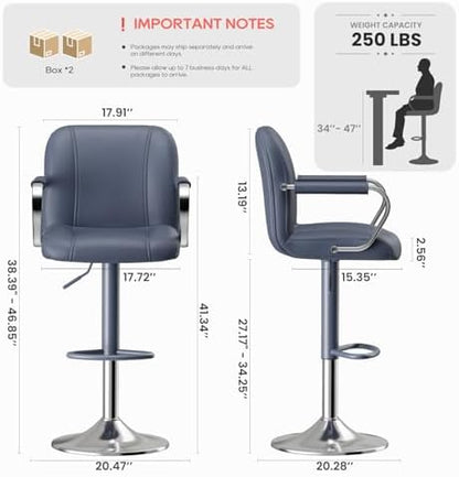 MALOL Set of 2 Blue Counter Height Stools with Backs – Adjustable Swivel Kitchen Island Seating, Modern Upholstered Chairs for Home Bar, Taburetes para Barra de Cocina