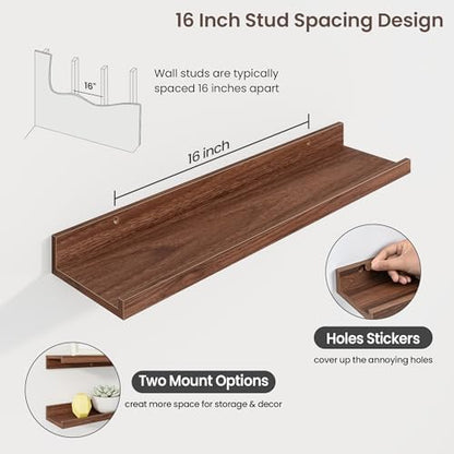 Picture Ledge Shelf, 24 Inch Walnut Floating Shelves Set of 3