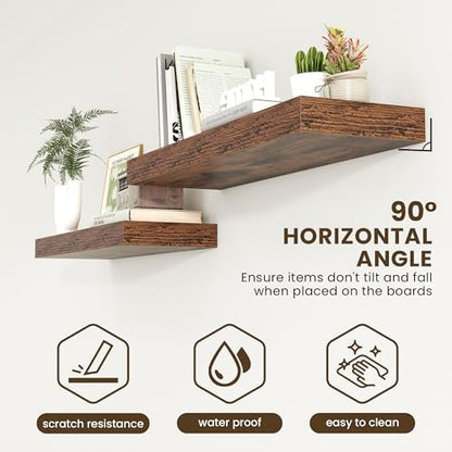 FLYJOE 40 Inch Floating Shelves, 12'' Deep Brown Shelves for Wall Set of 2