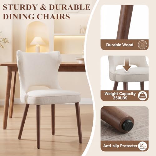 Wooden Dining Chairs Set of 6, Mid Century Dining Room Chairs with Solid Wood Legs, Upholstered Fabric Kitchen Chairs with Ergonomic Curved Backrest for Kitchen Dining Room, Beige