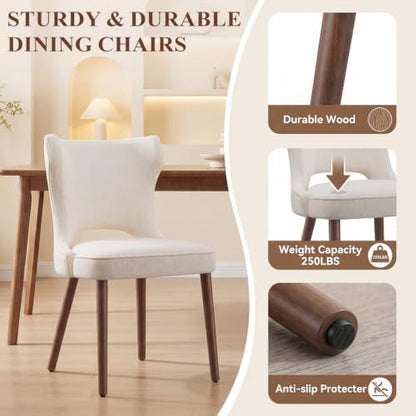 Wooden Dining Chairs Set of 6, Mid Century Dining Room Chairs with Solid Wood Legs, Upholstered Fabric Kitchen Chairs with Ergonomic Curved Backrest for Kitchen Dining Room, Beige