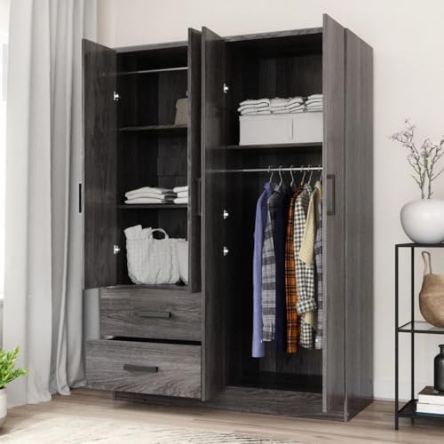 Woodpeckers Furniture And Mattress 4 Mirrored Doors Wardrobe 2 Drawers with Shelves 72 high (2 Mirrors, Grey)