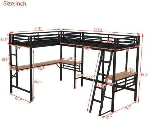 Twin Size Metal Loft Bed with Built-in Desk and Safety Guardrails, Black