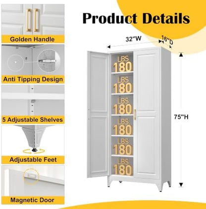 Steeloong 75”Metal Pantry Storage Cabinet with Doors & 5 Adjustable Shelves