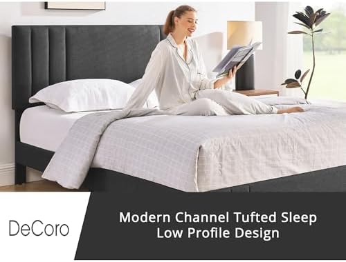 Decoro Chicago Channel Tufted Upholstered Platform Bed, Dark Gray, Queen